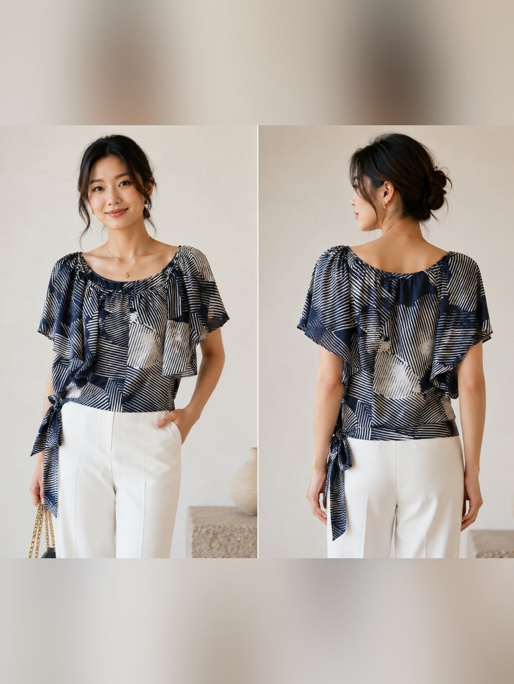Calvin Klein Drape-Sleeve Round Neck Side Knot top, Sz S